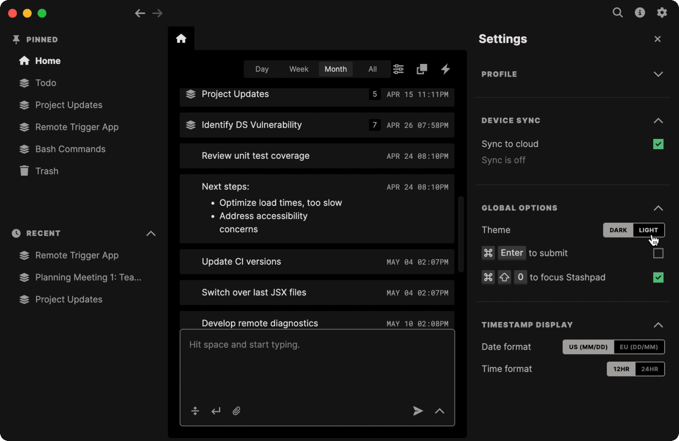 Toggle themes from the settings menu